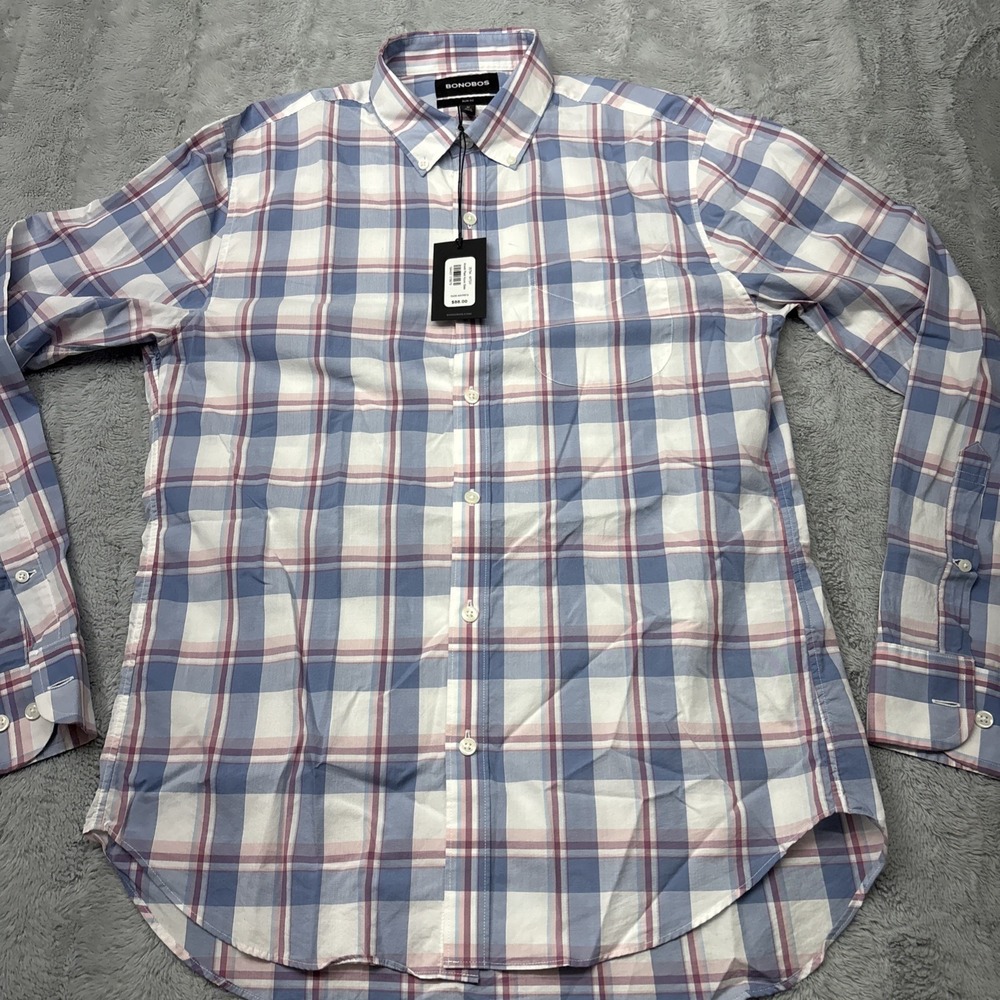 Bonobos Slim Fit Shirt Mens M Blue Plaid Azure Slate Long Sleeve Button Up NWT